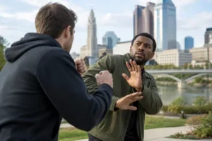 A Columbus criminal defense attorney explains self-defense evidence to a client in an office.