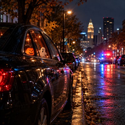 An officer speaks to a driver beside a parked car after a Columbus Halloween party.