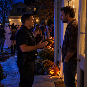 Police officer at the door of a Halloween party in an Ohio neighborhood