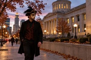 Halloween mask outside an Ohio courthouse, illustrating how disguises may become evidence in criminal cases